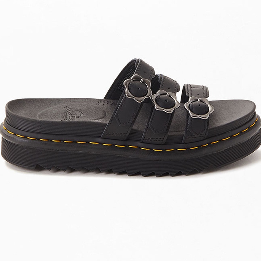 Dr. Martens Black Platform Triple-Buckle Sandal with Yellow Stitching